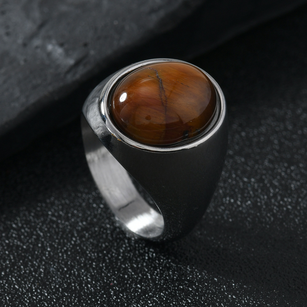 European And American Cross-Border Stainless Steel Casting Oval Natural Stone Light Luxury Couple Ring Hand Jewelry_voghion.com