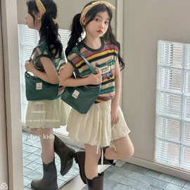 韩版童装夏季新款女童彩虹色条纹无袖T恤蝴蝶结花苞短裙洋气套装