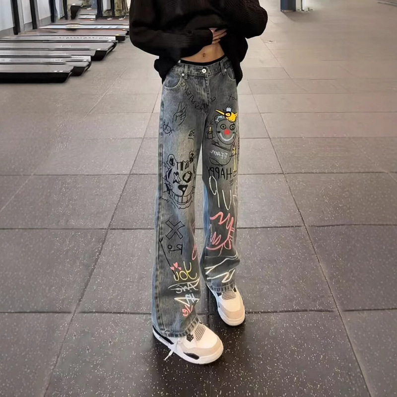 American-style High Street Hand-painted Graffiti Jeans Men's Spring and Autumn Niche Design Sense Pants Straight Slim-fit Micro-pull Pants