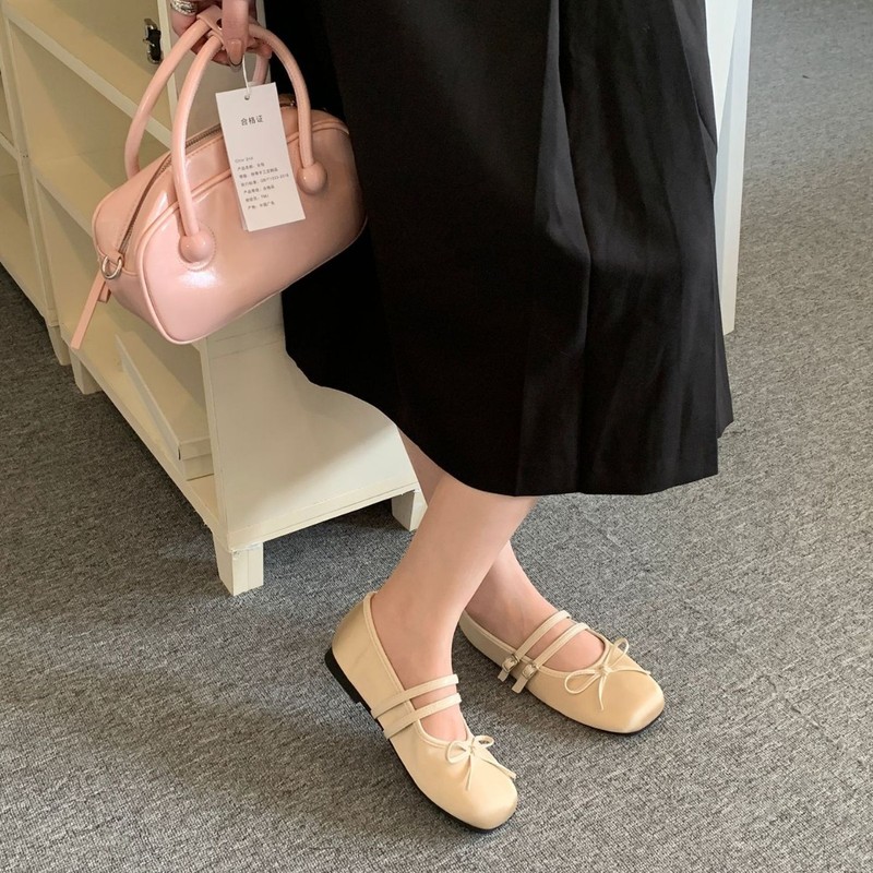 韩版方头浅口双条绑带绸面玛丽珍芭蕾鞋女2025新款精致百搭单鞋|undefined
