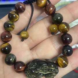 天然三色虎眼石金曜石貔貅手编绳男女同款直播供货批发手链