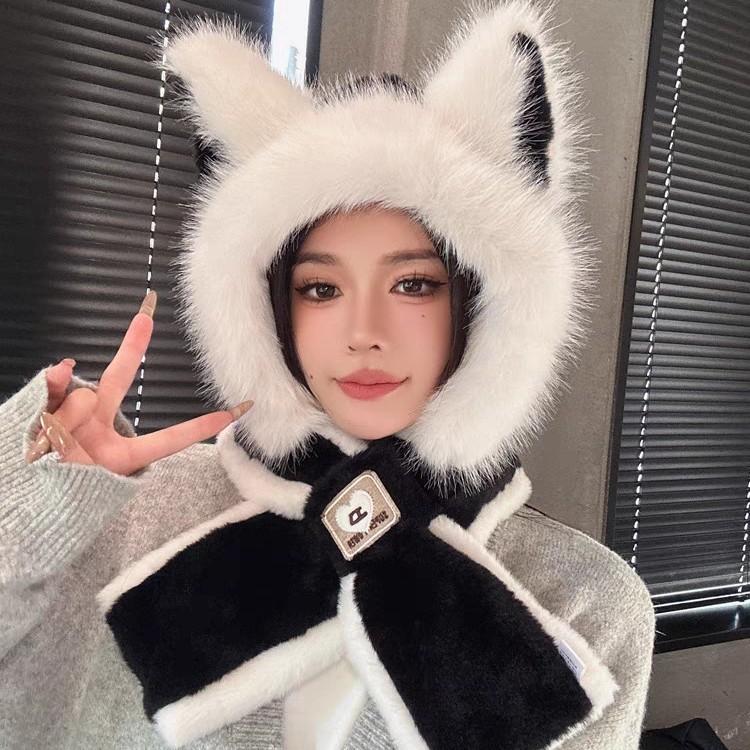 新品狐狸耳朵帽围巾一体帽女款冬季加厚保暖护耳帽时尚百搭帽子|undefined