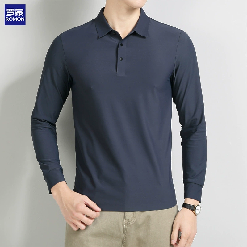 Мужская рубашка поло Romon Father's Day Ice Silk, летняя тонкая деловая повседневная бесшовная футболка с длинными рукавами без морщин для мужчин.