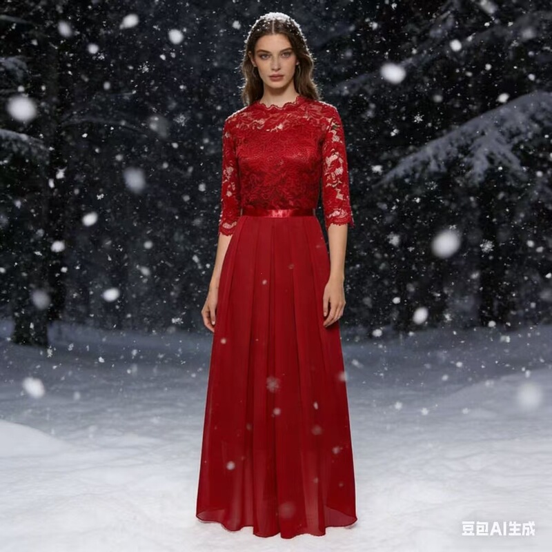 2026 Amazon Evening Dress European Style Patchwork Chiffon Dress Round Neck Lace Long Dress Evening Dress Women's Clothing 2026 Amazon Evening Dress European Style Patchwork Chiffon Dress Round Neck Lace Long Dress Evening Dress Women's Clothing
