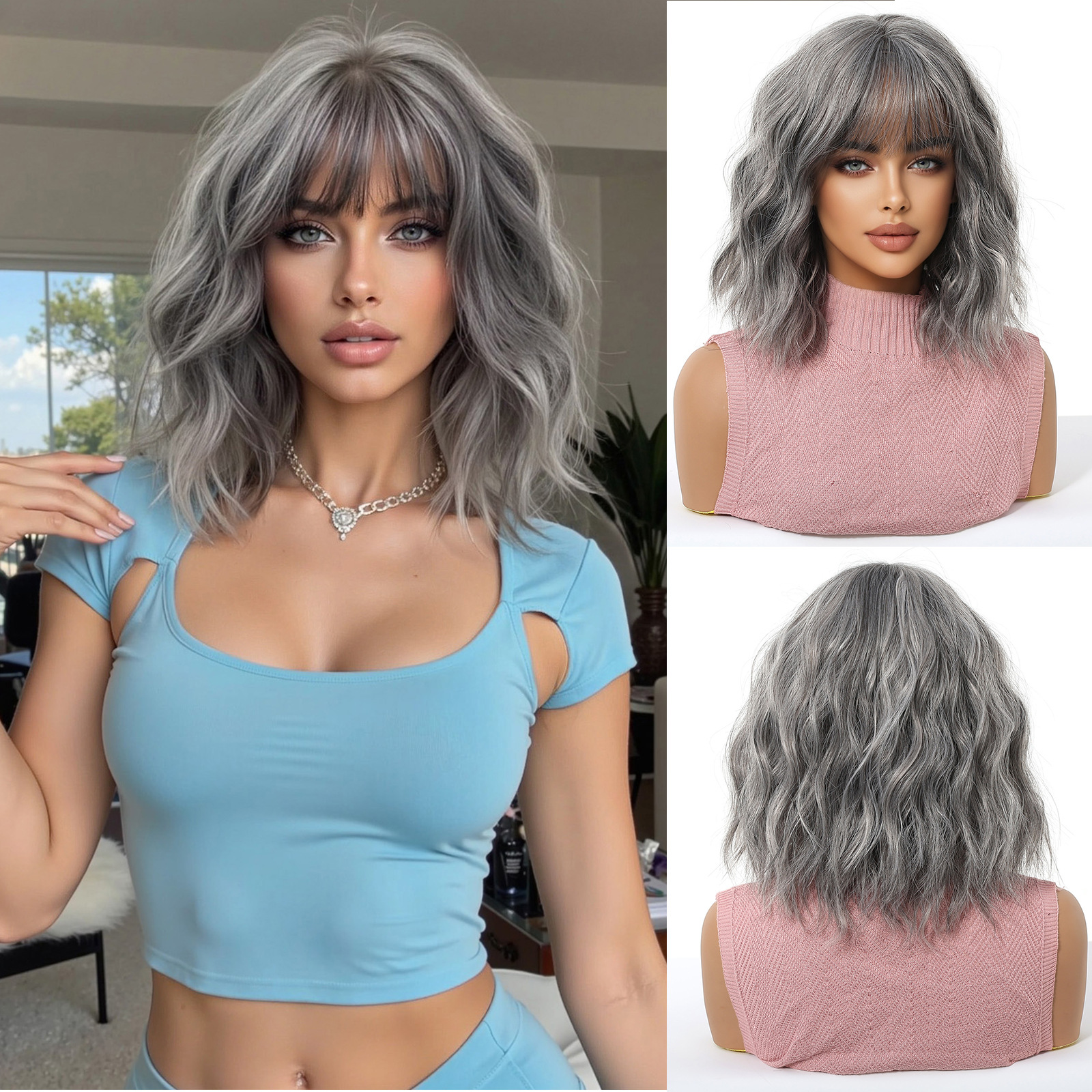 Red de Internet venta caliente peluca femenina lindo viento dorado Bobo cabeza rizada corta punto de fábrica seda mate de alta temperatura cabeza completa