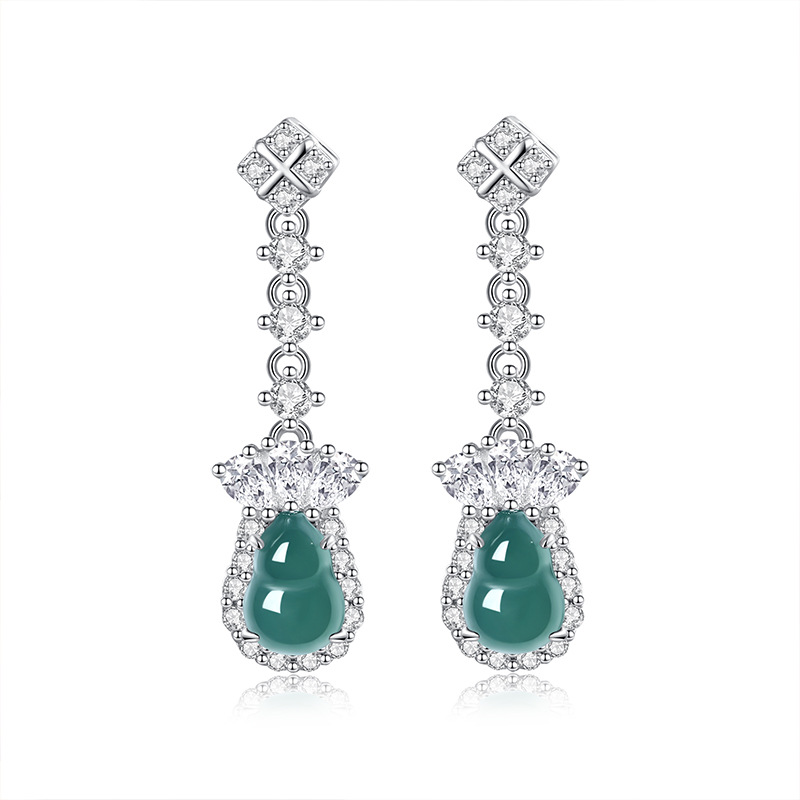 Huikai Jewelry S925 Plata de ley Jade de agua azul Pendientes de calabaza Fulu de lujo ligero retro Pendientes de sentido avanzado de todo fósforo femenino