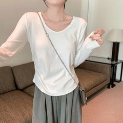 春秋装新款韩系穿搭V领打底衫长袖女正肩t恤褶皱内搭显瘦甜辣上衣