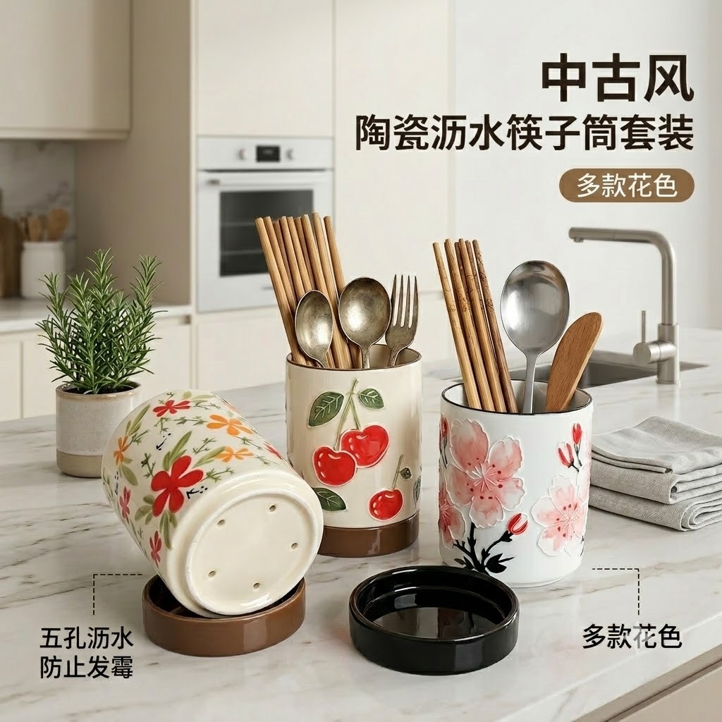 Drainage chopstick holder, storage rack, chopstick box, high aesthetic value chopstick container, ceramic chopstick storage box, household chopstick holder for kitchen