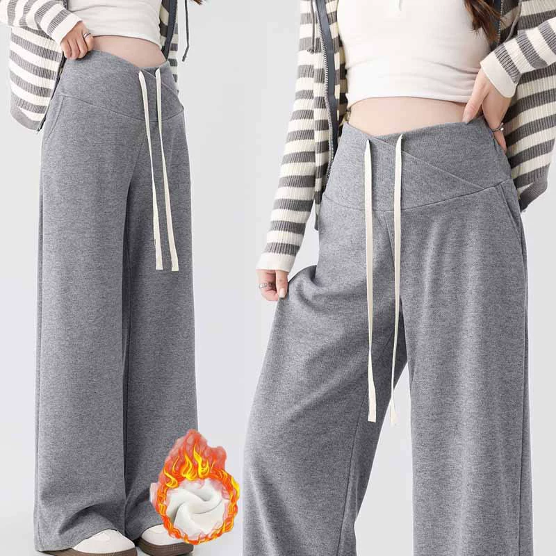 Autumn warm trend trousers for pregnant with belly support, drawstring, plus size, fitted, loose straight fit