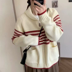 针织开衫条纹撞色外套女秋冬季宽松上衣2025新款拉链口袋针织衫女