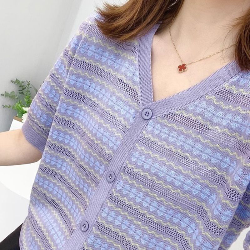 [Cashmere Family] Women's Short-Sleeve V-Neck Loose Hollow-Out Large Size Ice Silk Knit Top Thin T-Shirt