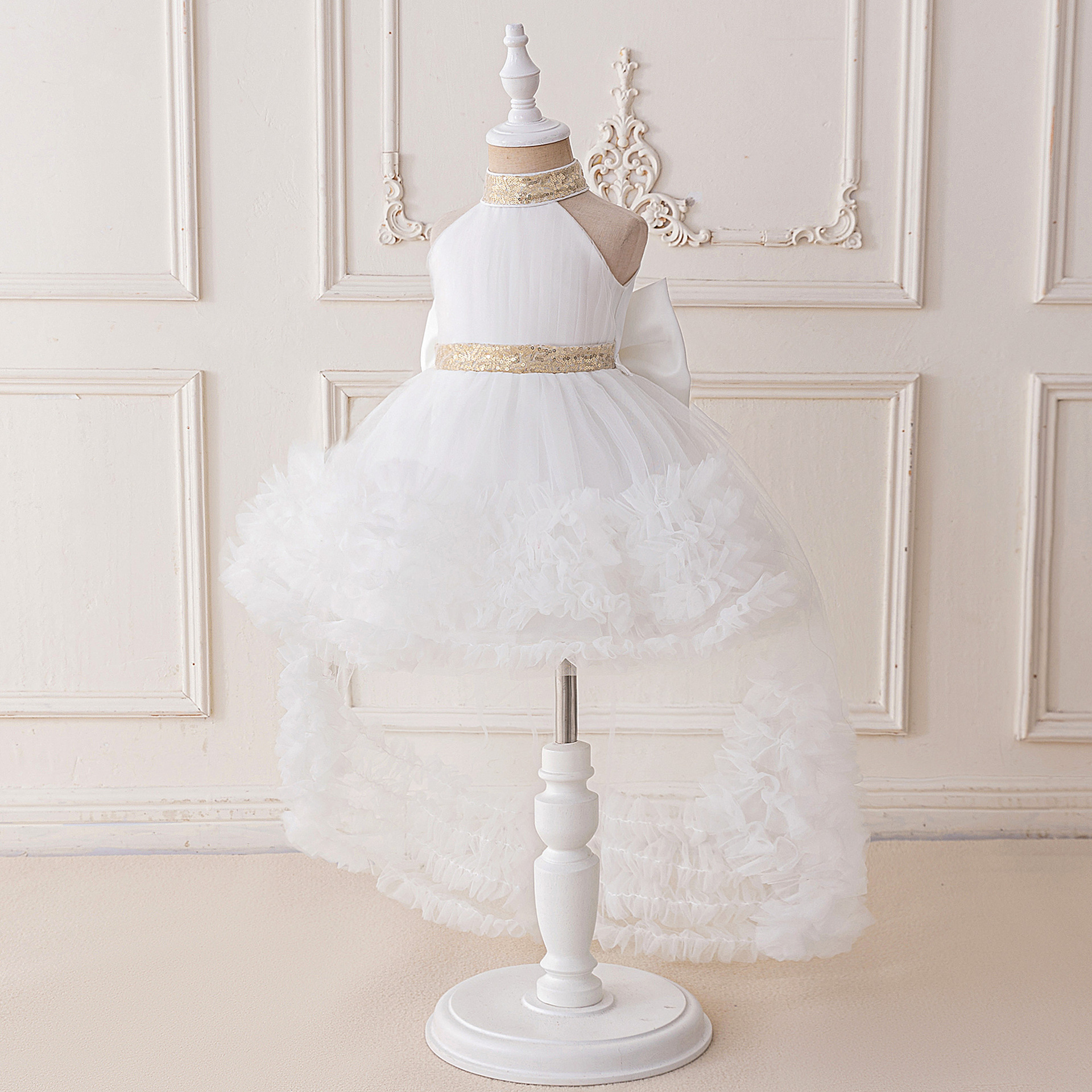 Vestido para niños vestido de princesa de cola negra falda de pastel de malla de cuello halter vestido de pasarela traje de interpretación de piano