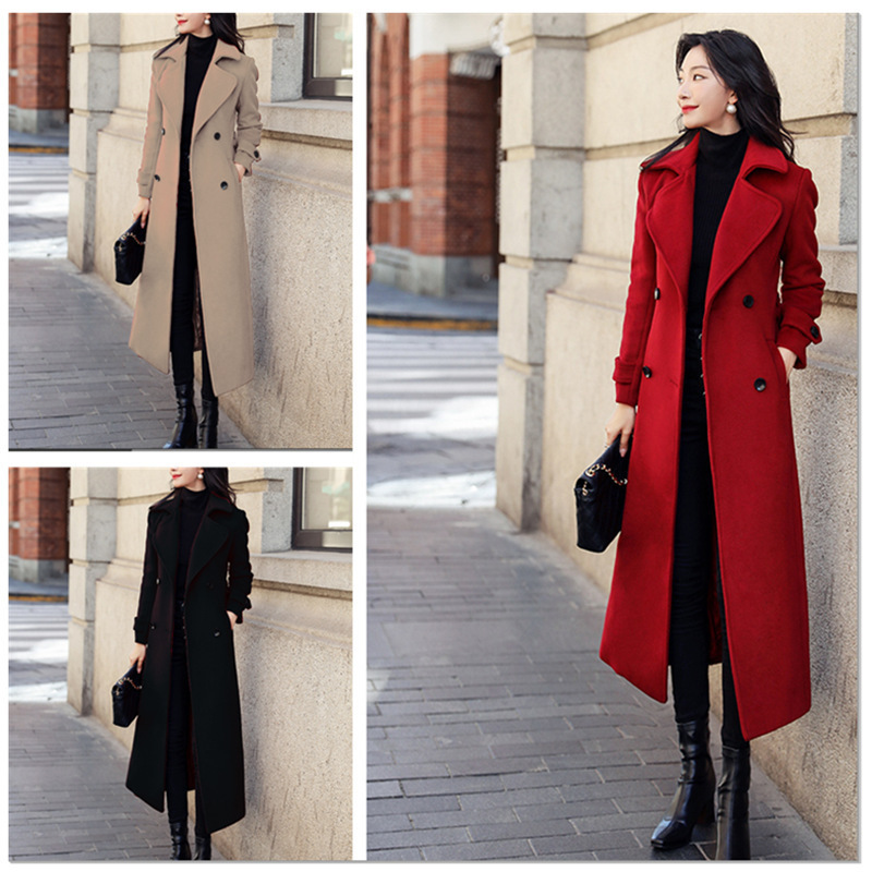 2025 Spring, Autumn and Winter New Solid Color Woolen Jacket Women's Slim Long Over-The-Knee Thickened Woolen Coat Long Windbreaker 2025 Spring, Autumn and Winter New Solid Color Woolen Jacket Women's Slim Long Over-The-Knee Thickened Woolen Coat Long Windbreaker