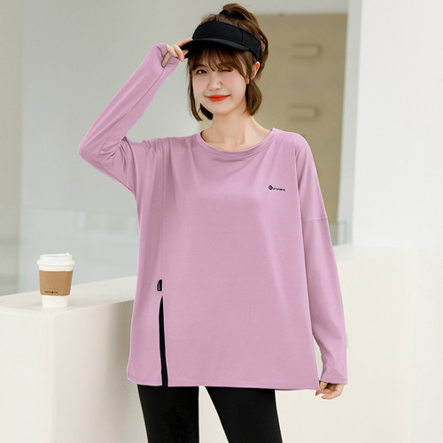 Women's outdoor yoga tops, solid color, sporty, long sleeve, loose, oversized, plus size, round neck - wholesale