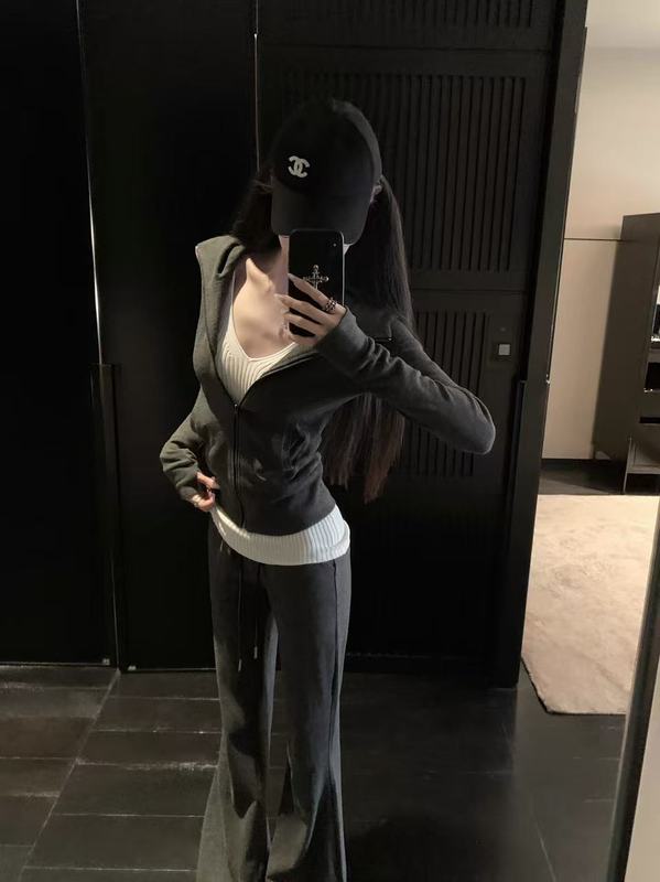 021ope修身运动休闲套装女百搭收腰显瘦连帽卫衣长袖外套微喇长裤|undefined