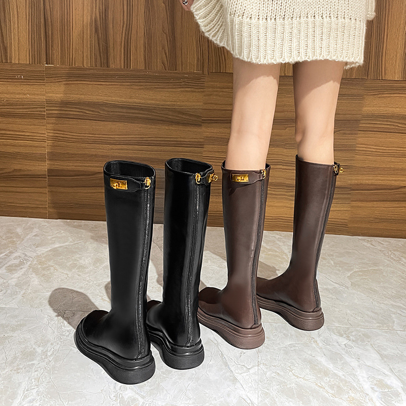 150 short stature with less than knee height, women's new round headed brown plush knight boots for autumn and winter_voghion.com