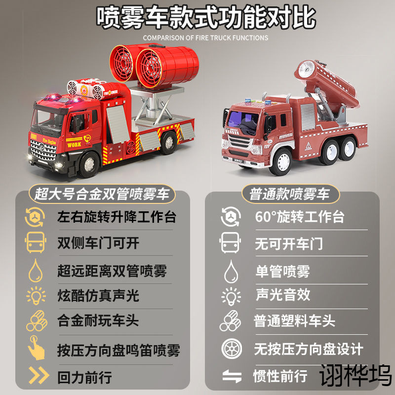 슈퍼 대형 합금 소방차 장난감 어린이 연기 배기 트럭 스프레이 트럭 엔지니어링 자동차 구조 자동차 소년 자동차 모델