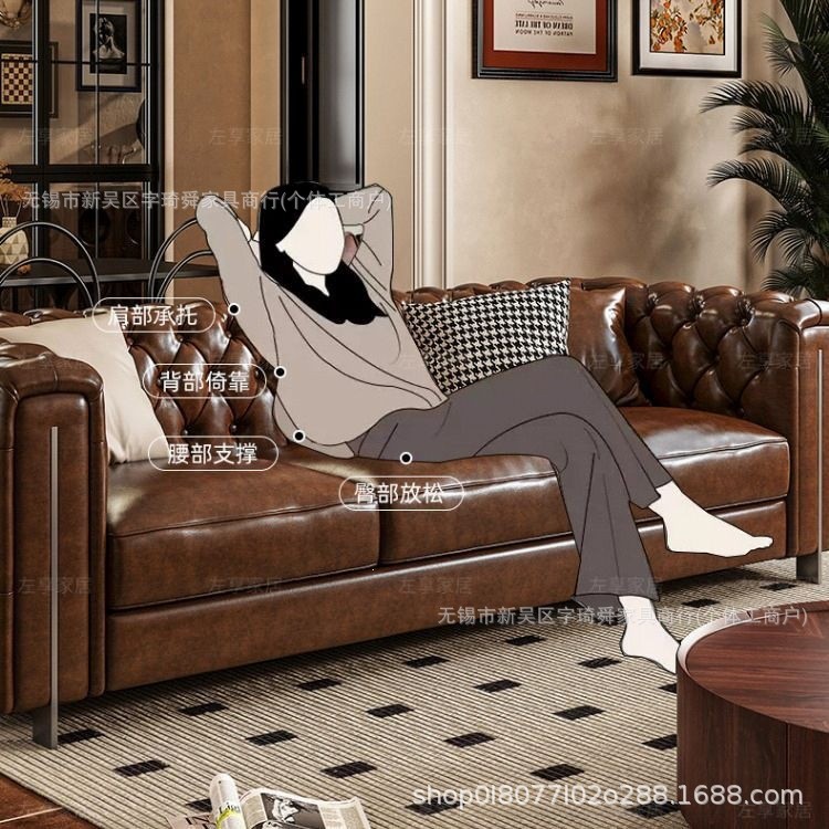 American-style sofa, oil-waxed genuine leather, living room, straight-line design, suitable for small apartments, Italian retro style, fully upholstered, high-end, luxurious, brown sofa