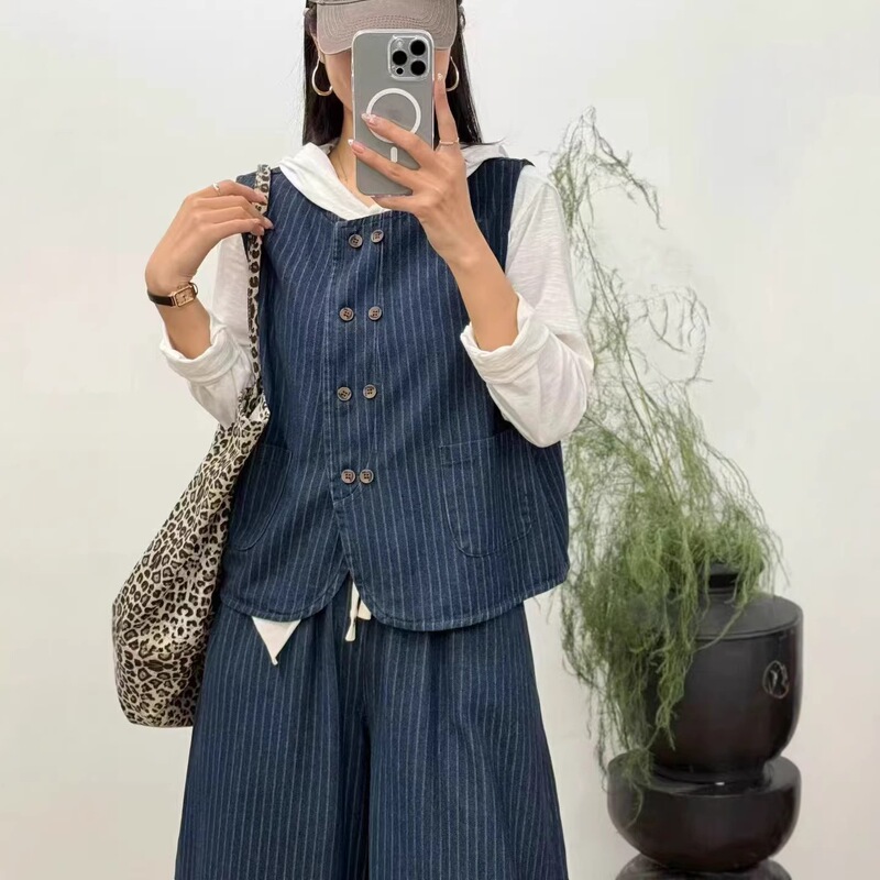 Striped Denim Set 2026 Vintage Double-Breasted Sleeveless Vest + Drawstring Waist Straight-Leg Jeans for Women