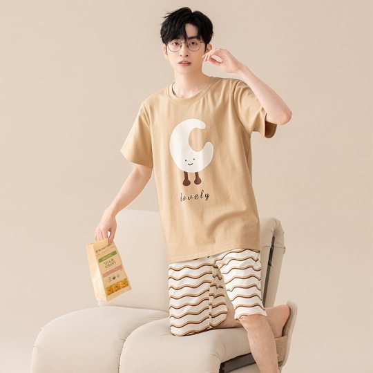 Class A antibacterial 2025 new summer cotton pajamas men can wear cartoon cotton short sleeve home clothes suit