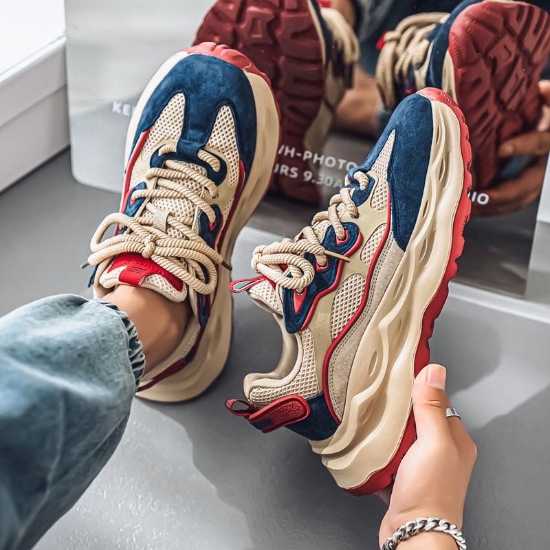 Men's Shoes Spring and Autumn Mesh Breathable Casual Sports Shoes New Student Thick Sole Heightening Color Matching Trendy Dad Shoes