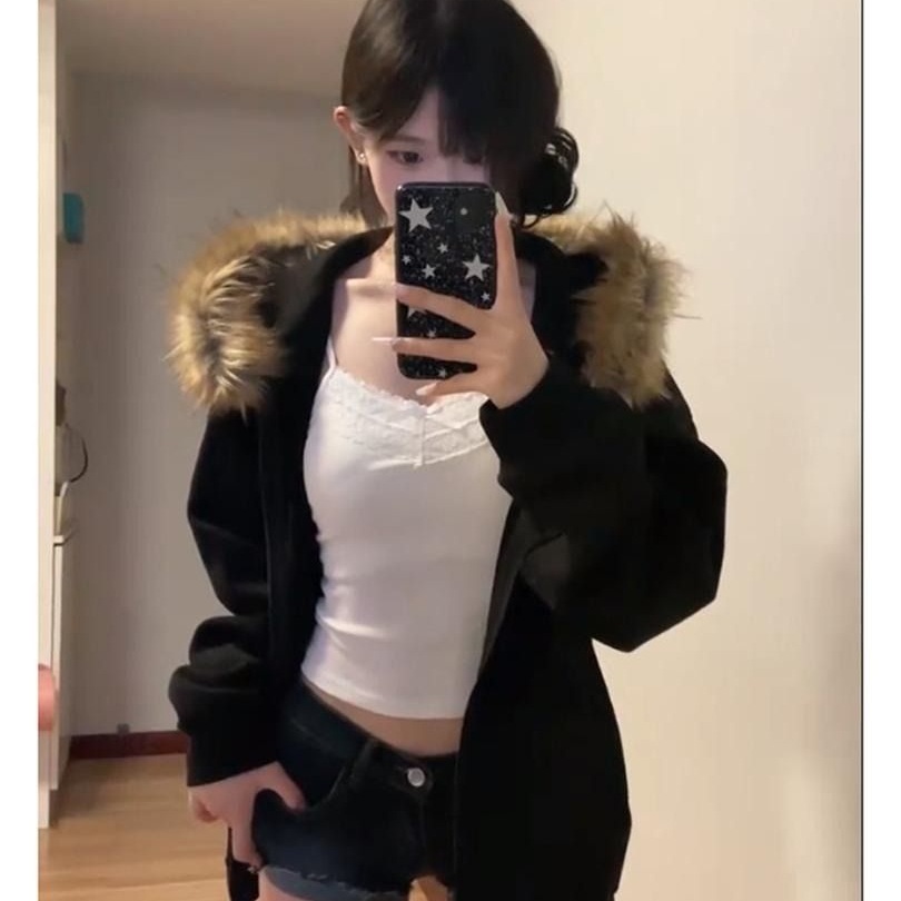 美式复古潮牌毛领拉链开衫连帽卫衣女秋冬季情侣感休闲外套潮