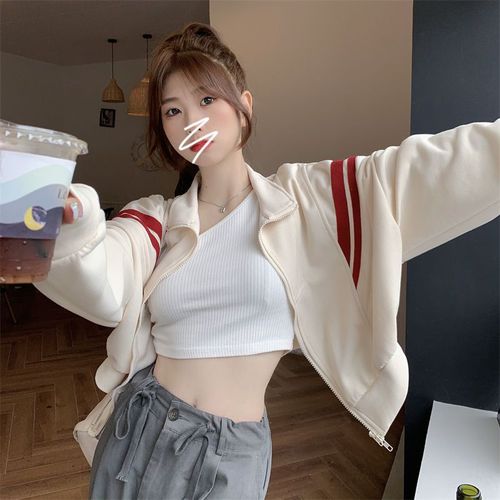 Hot girl sports style long-sleeved zipper jacket for women early autumn  new short style petite long-sleeved cardigan top trendy