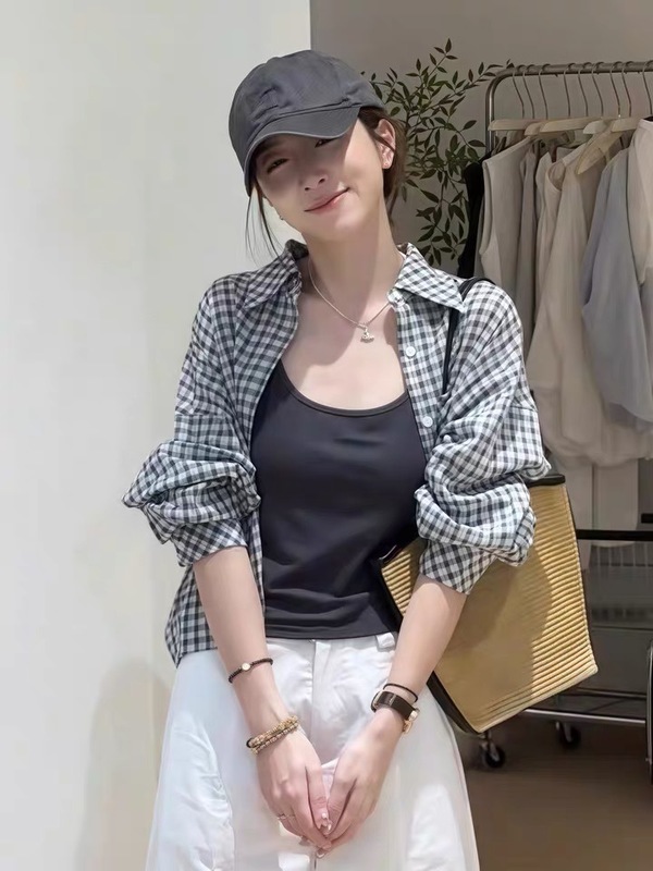 韩系休闲时尚短款衬衫背心两件套女2025夏季新款格子长袖薄款套装|undefined