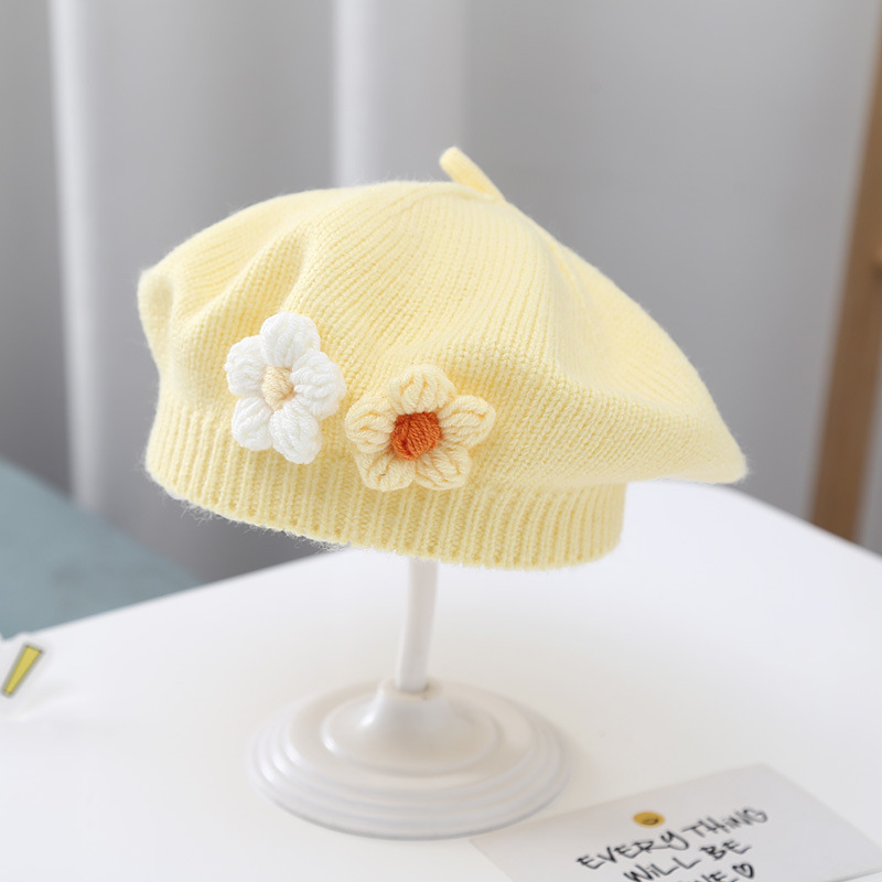 Bebé niña sombrero otoño e invierno Bebé boina de punto lindo pequeño flor de la niña del sombrero del pintor de lana de los niños sombrero de moda
