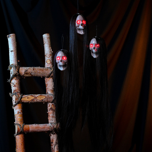 Cross-border Halloween new product long hair ghost glowing ghost head scary hanging ghost haunted house escape room scene decoration props