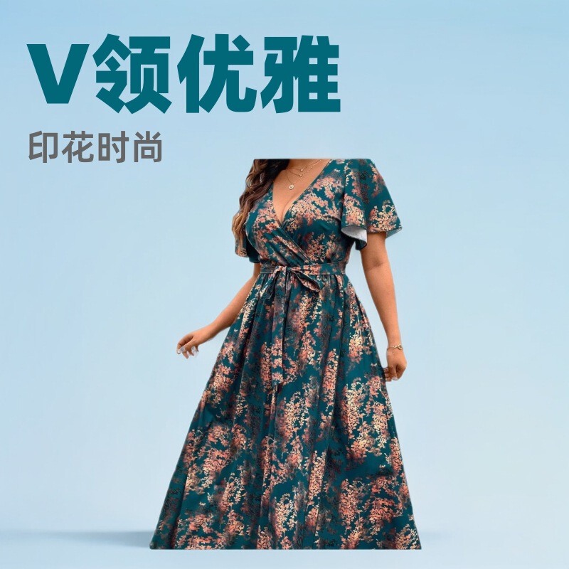 Fashion Plus Size Ladies V Neck Printed Wrap Design Split Dress, Plus Size Ladies Long Belted Dress Fashion Plus Size Ladies V Neck Printed Wrap Design Split Dress, Plus Size Ladies Long Belted Dress