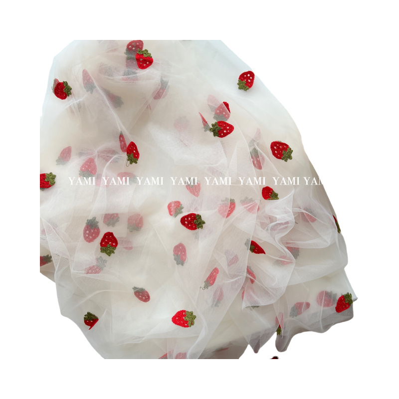 Tela de malla tela bordada hilo de fresa rojo falda de ropa para niños tela de pared material de cama bordado decoración de tela