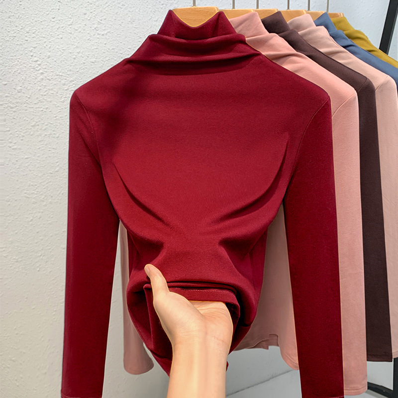 Camiseta de cuello alto para mujer, nuevo estilo 2024, ropa de mujer, color sólido, camiseta sencilla de manga larga con forro polar para mayor calidez, capa interior, top ajustado a la cintura