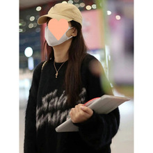 冬新款签名字母宽松软糯马海毛黑色针织衫慵懒风毛衣上衣男女