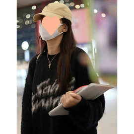 冬新款签名字母宽松软糯马海毛黑色针织衫慵懒风毛衣上衣男女