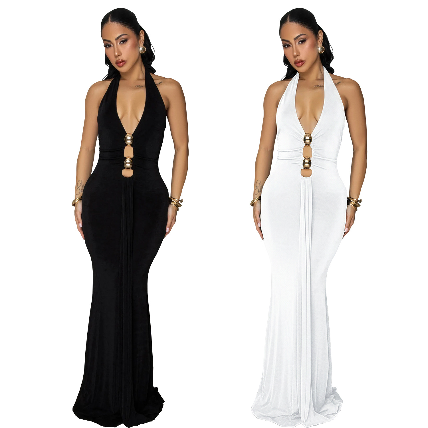 C7599 Aliexpress transfronterizo Amazon Europa y América moda de mujer sexy cuello de espalda descubierto vestido de color sólido V profundo image 6