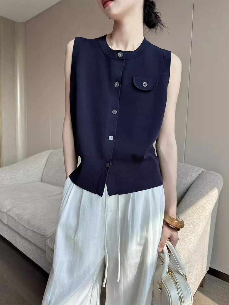 Áo cardigan len dệt kim nữ cổ tròn không tay dáng ôm — màu xanh hải quân