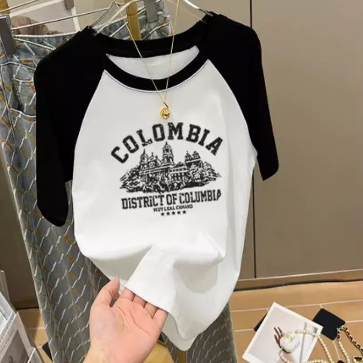 2025 New Style Right Shoulder Contrasting Color Short-Sleeved T-Shirt for Women Ins Fashion Versatile Age-Reducing Slim Raglan Top Summer