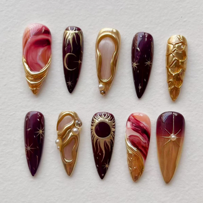 Three-Dimensional Irregular Gold-Plated Purple Gradient Starburst Sweet Cool Spicy Girl European and American Ins-Style Detachable Nail Tips 24 Pieces Three-Dimensional Irregular Gold-Plated Purple Gradient Starburst Sweet Cool Spicy Girl European and American Ins-Style Detachable Nail Tips 24 Pieces