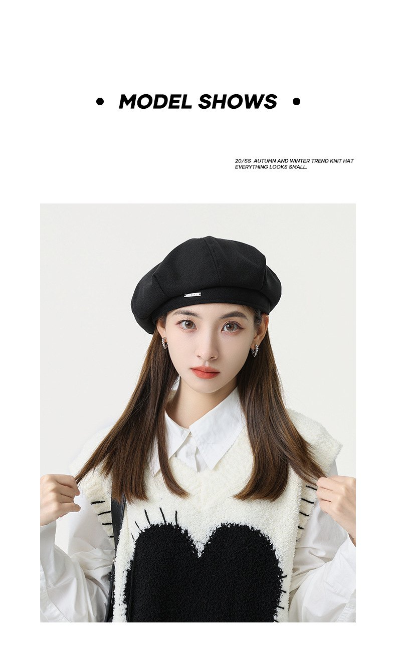 Nouveau béret en métal de laine d'automne et d'hiver avec un logo, chapeau octogonal pour enfants, grosse tête, petit visage, chapeau de peintre à la mode et artistique_voghion.com