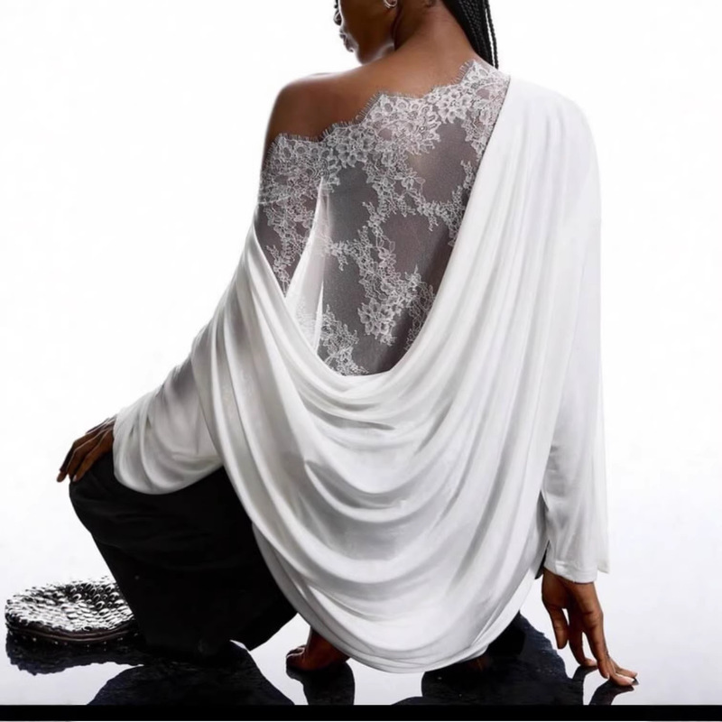 New European and American Amazon Cross-Border Style Long-Sleeve Top with Sheer Back, Hollow-Out Lace, and Slimming Effect, Featuring a Sexy Draped Neckline