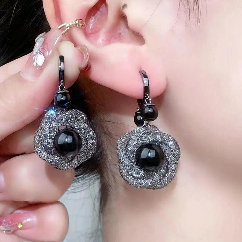 黑色花朵耳扣耳环2025女小众设计感高级冷性风新款耳饰批发仙女风|undefined