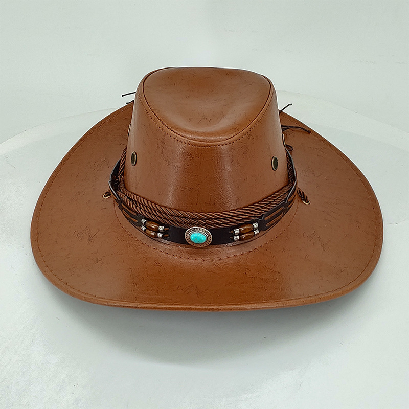 Unisex Ethnischer Windschatten Western Cowboyhut Glänzender Retro Leder Outdoor Sonnencreme Gerollter Ritterzylinder_voghion.com