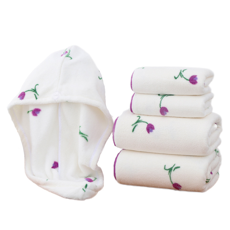 Bath Towel Set Soft Absorbent Tulip Print Coral Fleece Shower Cap_voghion.com