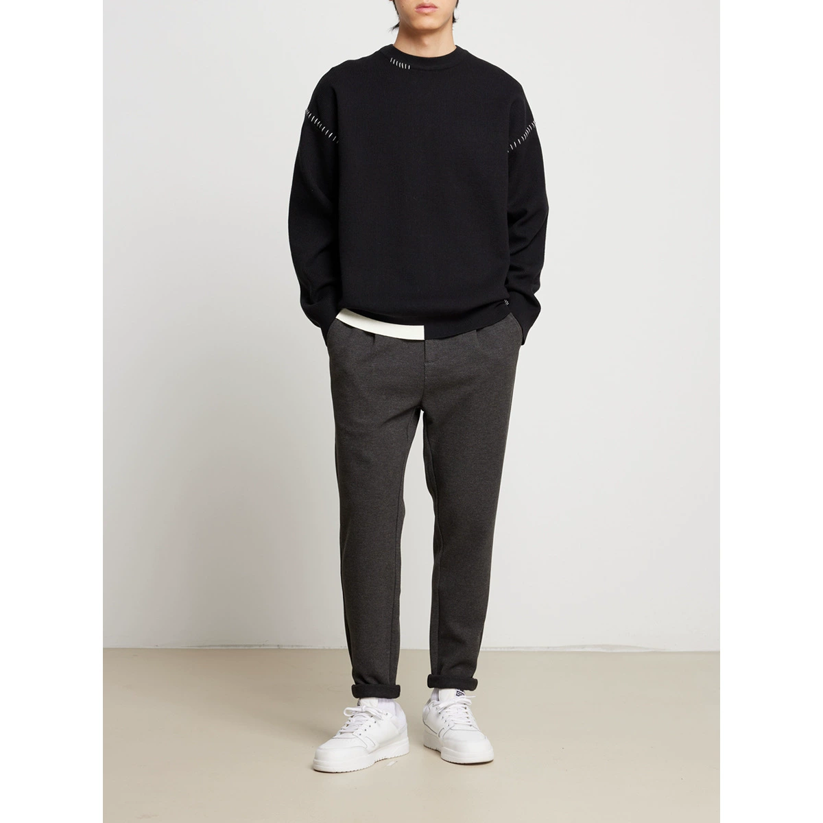 Модный осенний вязаный свитер, круглый ворот