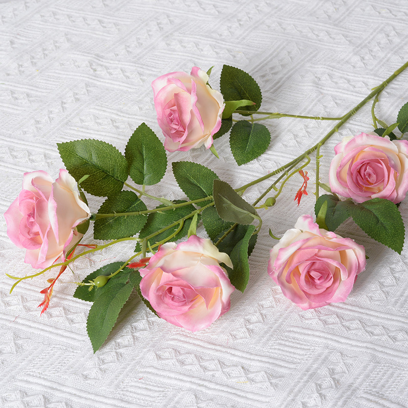 Rosa artificial 5-cabeza París Rosa Día de San Valentín Hotel decoración de la boda falsa Flor de seda artificial al por mayor