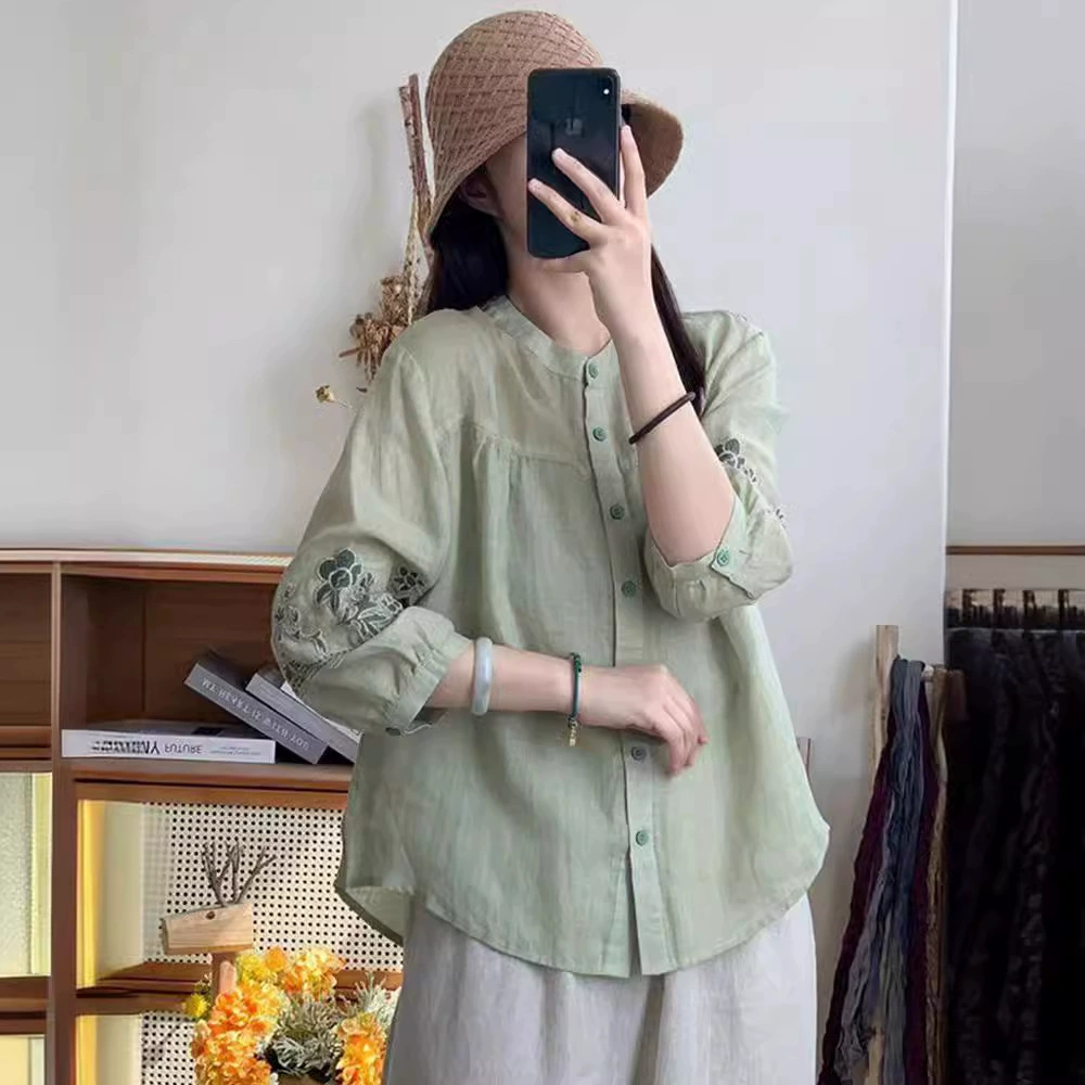 Рубашка с вышивкой в ​​китайском стиле, новинка лета 2025 года, свободная рубашка-кардиган в литературном стиле в стиле ретро с рукавами три четверти, универсальная рубашка-кардиган толщиной мм