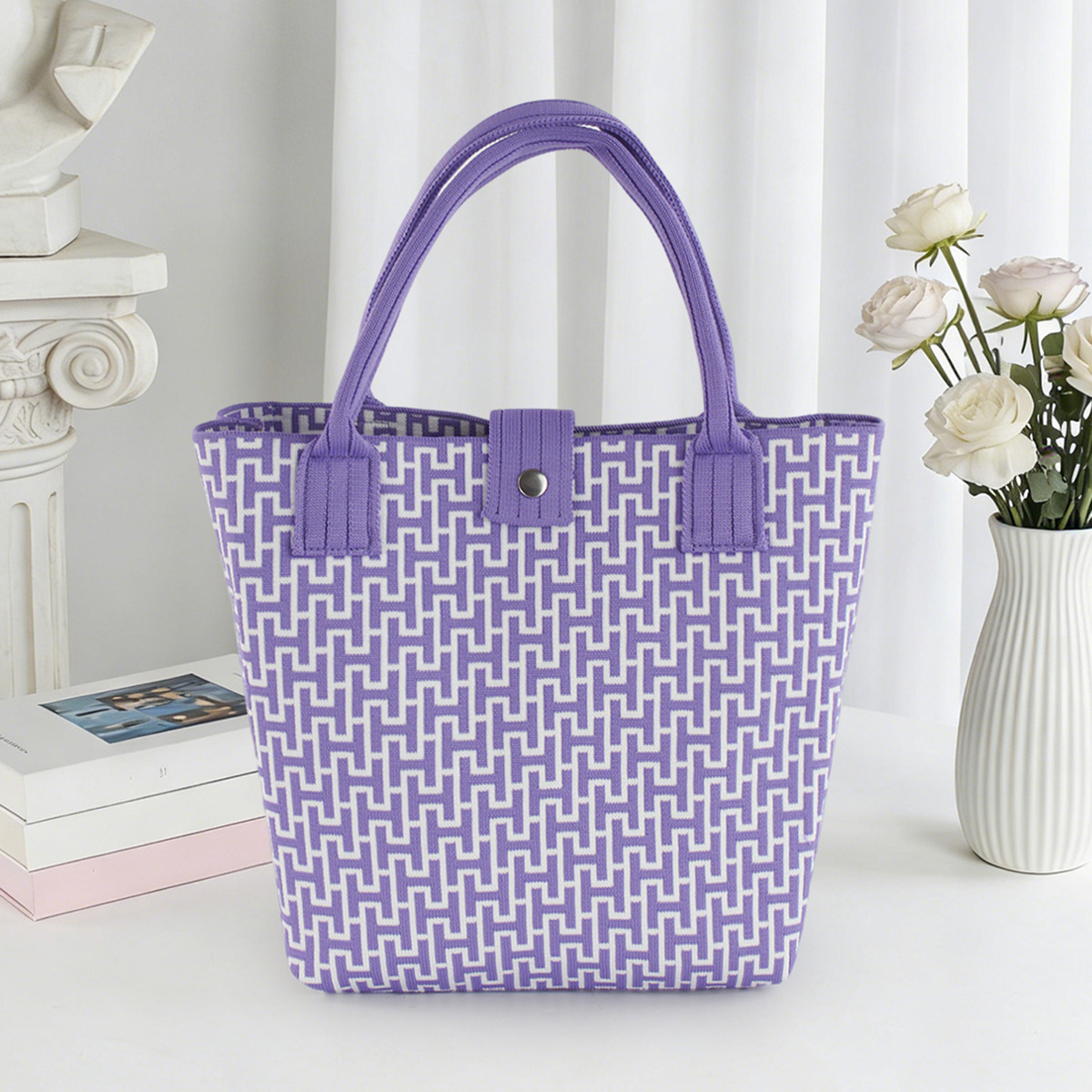 Bolso de tejido coreano de gran capacidad de transporte de moda de mil pájaros bolsos de mano casuales versátiles bolsos de bento image 9
