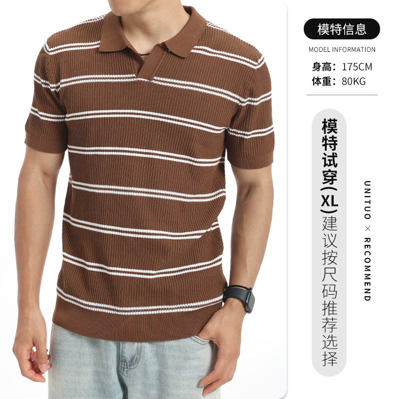 Europa y los Estados Unidos transfronterizos de verano hombre con solapa rayada hielo polo camiseta de negocios casual alta sensación de mangas cortas prendas de punto para hombres