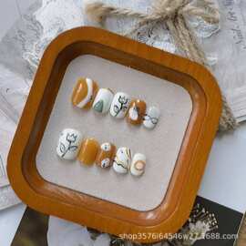 手工穿戴成品美甲贴少女ins风手绘涂鸦郁金香橙色调短款指甲贴套